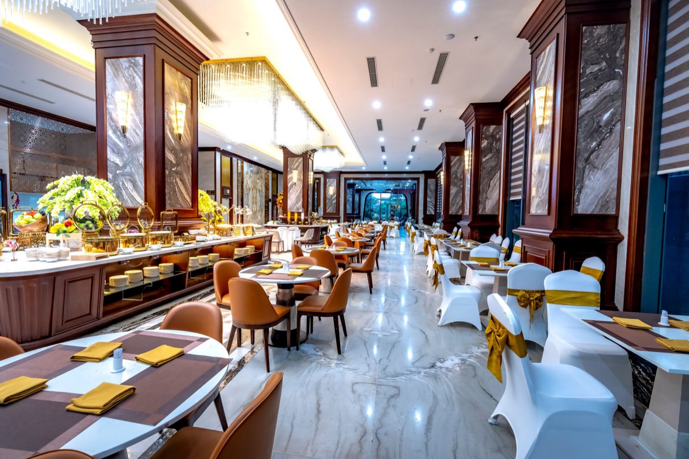 An elegant hotel dining and banquet space, representative of the Food and Beverage department.