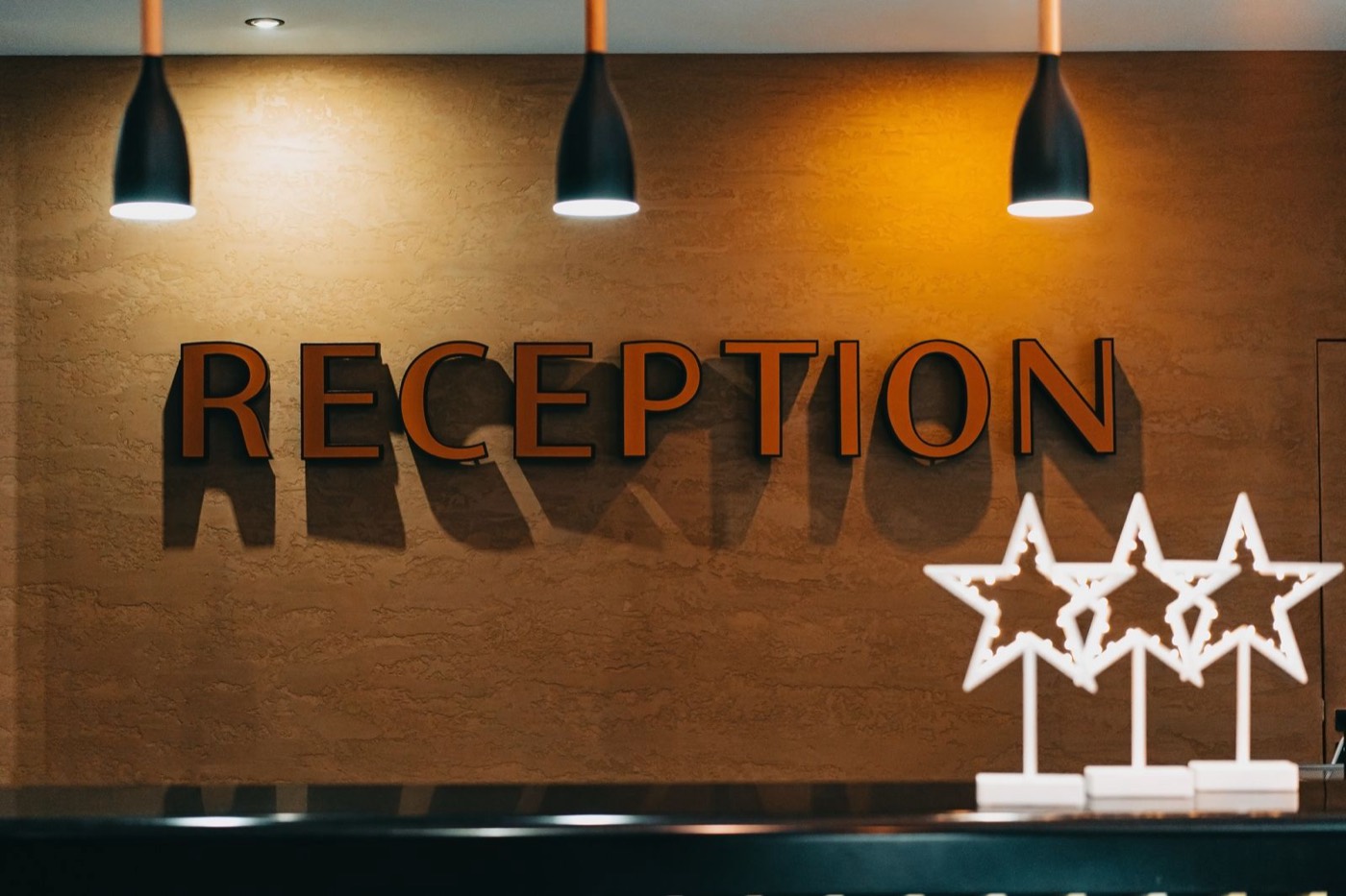 A hotel front desk area, representative of the Front Desk Manager's work environment.